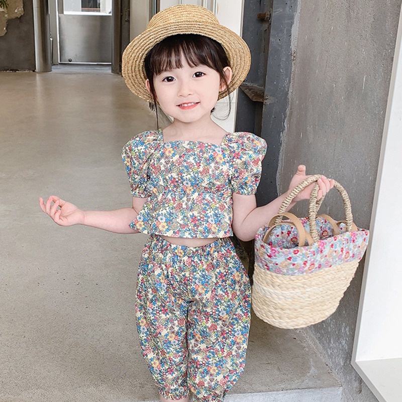 Set Đồ Mùa Hè 2 Món Tay Phồng In Hoa Phong Cách Hàn Quốc Cho Bé Gái 3-8 Tuổi