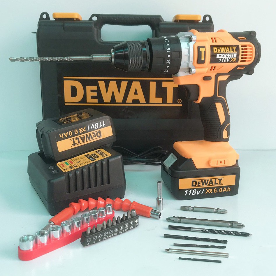 Máy Khoan Pin DeWaLT 118V - KHÔNG CHỔI THAN - PIN KHỦNG 10 CELL - Tặng 29 Phụ Kiện