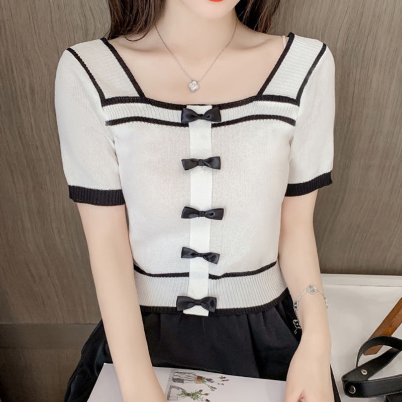 Áo Thun Dệt Kim Cổ Vuông Thắt Nơ Phong Cách Hàn Quốc 185275 Áo Thun Ngắn Dáng Ôm Thời Trang Mùa Hè Dành Cho Nữ