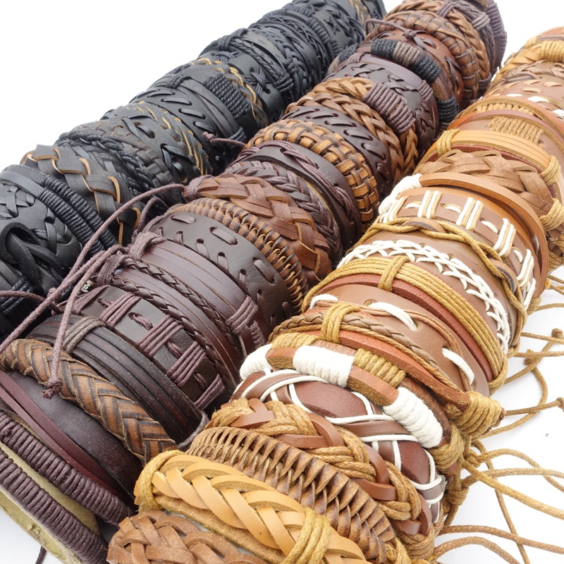 Set 10 Vòng Tay Handmade Bằng Da Màu Đen / Nâu Thời Trang Cho Nam Và Nữ