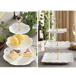 Khay sứ trắng 3 tầng đựng bánh kẹo hoa quả (tròn/ vuông)