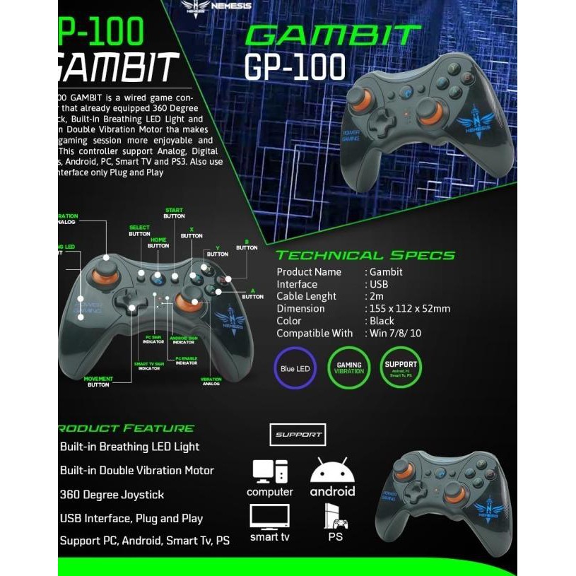 Tay Cầm Chơi Game Có Dây Cho Pc Ps3 / 4 Android Tv Gambit Gp-100