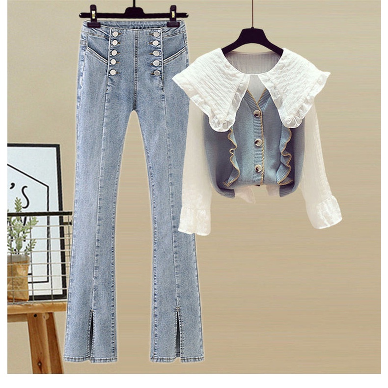 Set áo sơ mi tay dài + áo len không tay + quần jeans lưng cao thời trang cho nữ 200kg