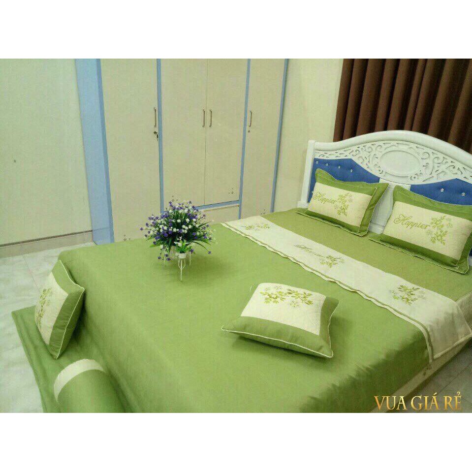 Combo 7 Món Chăn Ga Gối Satin Dày Dặn Hàng Đẹp Màu XANH CỐM