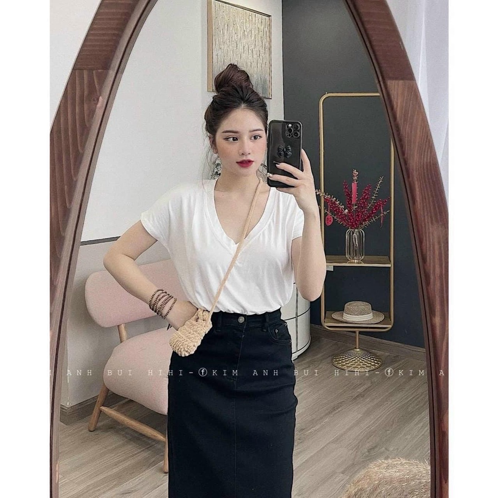 Áo thun nữ ngắn tay màu trắng, Áo phông Unisex màu trắng cổ tim freesize