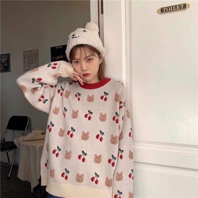 Áo len cherry cute form rộng