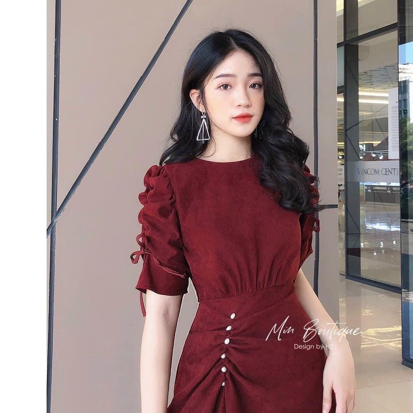 Đầm Nhung Đỏ Có Khóa Sau , Váy Nhung Tăm Tay Phồng Rút Eo Phối Cúc Ngọc Sang Trọng Tôn Dáng. | BigBuy360 - bigbuy360.vn