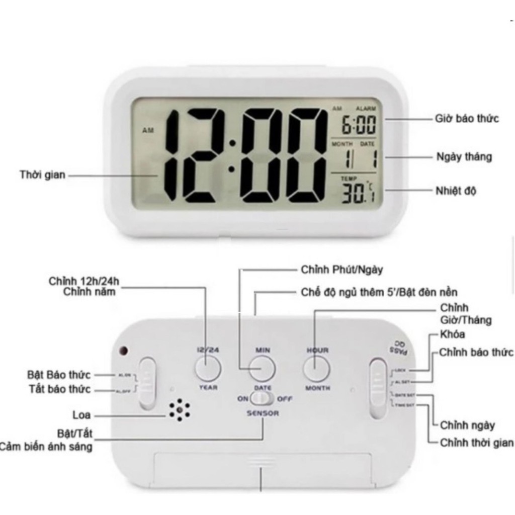 Đồng Hồ Báo Thức Điện Tử Để Bàn Màn Hình LCD Đa Chức Năng: Thời Gian, Lịch, Báo Thức, Nhiệt Độ ( Mẫu mới 2019)