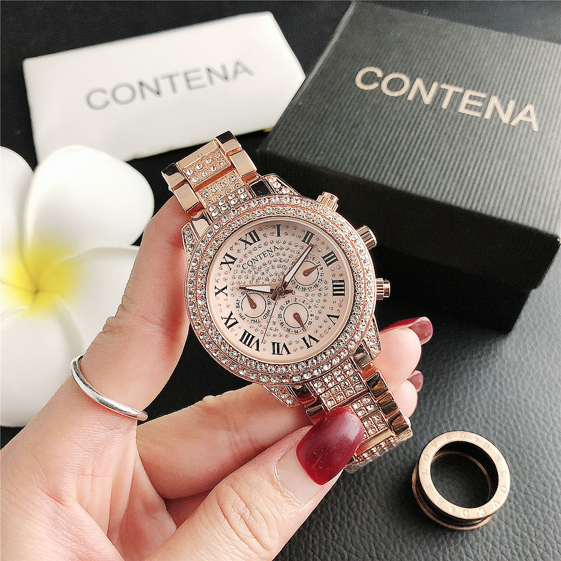 CONTENA Luxury Women's Watches Rhinestone Ladies Stainless Steel Quartz Watch #8119