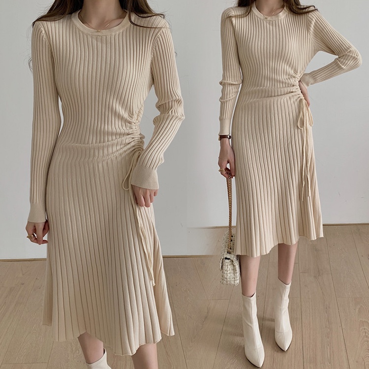 Đầm sweater Dệt Kim Mỏng Ôm Dáng Phối Dây Rút Kiểu retro Pháp Thời Trang Mùa Thu 2022 Mới