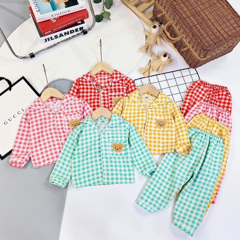Bộ pizama dài tay kẻ gấu cho bé