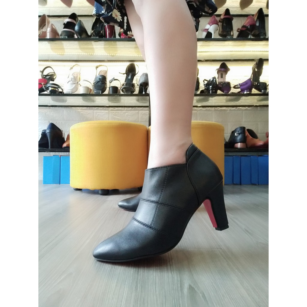 [ẢNH THẬT] Boot thời trang nữ viền chỉ nổi cao cấp ROSATA RO27 7p gót trụ - Màu đen - HÀNG VIỆT NAM - BKSTORE
