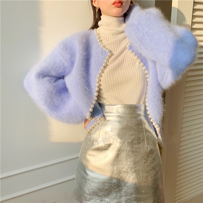 SẴN - KHOÁC LEN LÔNG CAO CẤP | Áo Khoác Cardigan Len Lông Cổ Tròn Đính Ngọc Tay Bồng  Dáng Ngắn Tiểu Thư Sang Chảnh