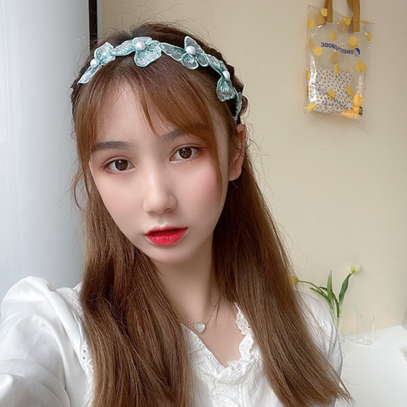 Băng Đô Cài Tóc Co Giãn Thêu Hình Bướm &amp; Ngọc Trai Handmade Cho Nữ