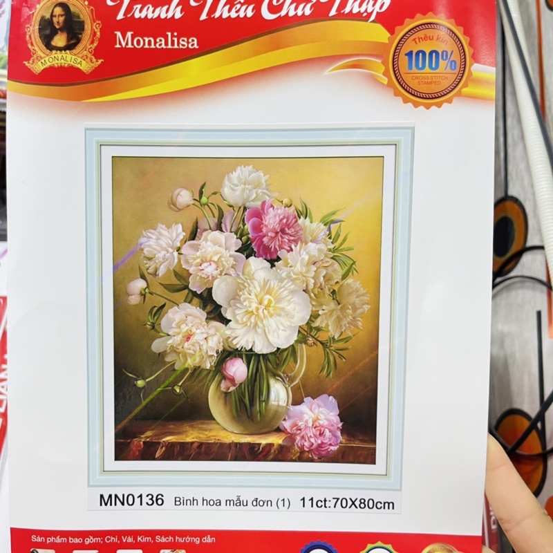 Tranh Đính Đá-Tranh Thêu Kín Bình Hoa Mẫu Đơn Vs075,MN0136