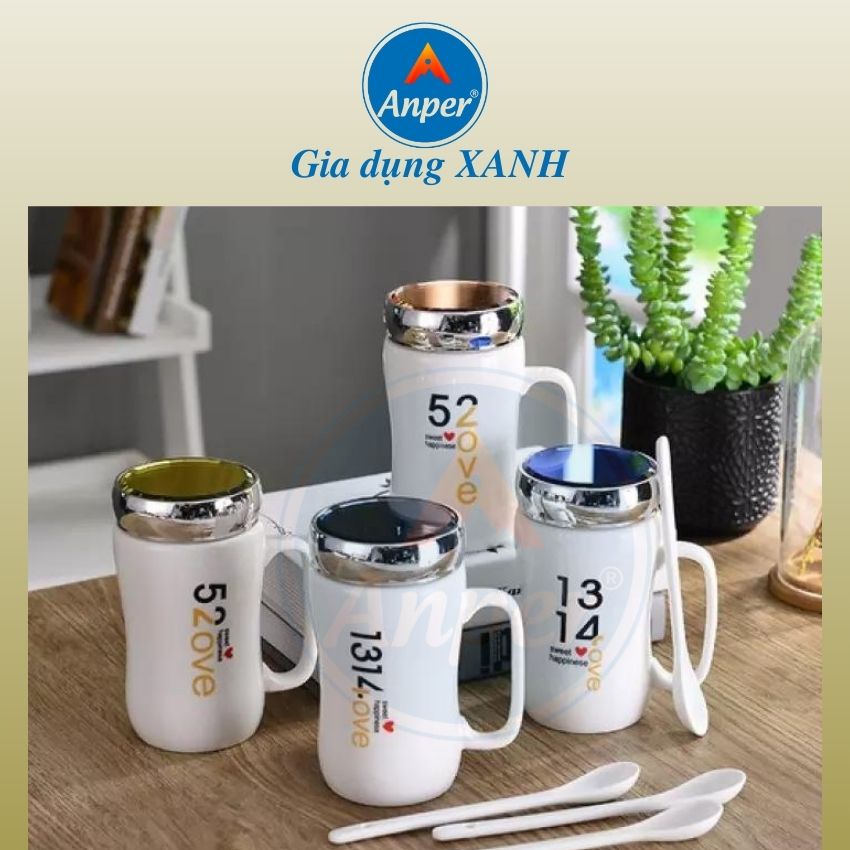 Ly Sứ Cốc Sứ Có Nắp Gương Giữ Nhiệt 400ml Anper Cao Cấp Sang Trọng Tiện Dụng Mang Theo In hoạ tiết đẹp, Hình ngẫu nhiên