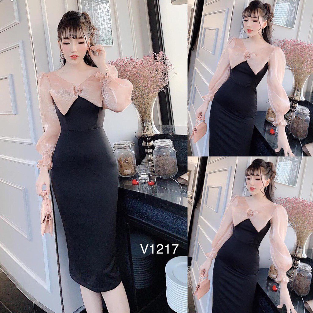 [ xả kho ] MiD Đầm đen dáng ôm dạ hội tay dài V1217 Mie Design kèm ảnh thật
