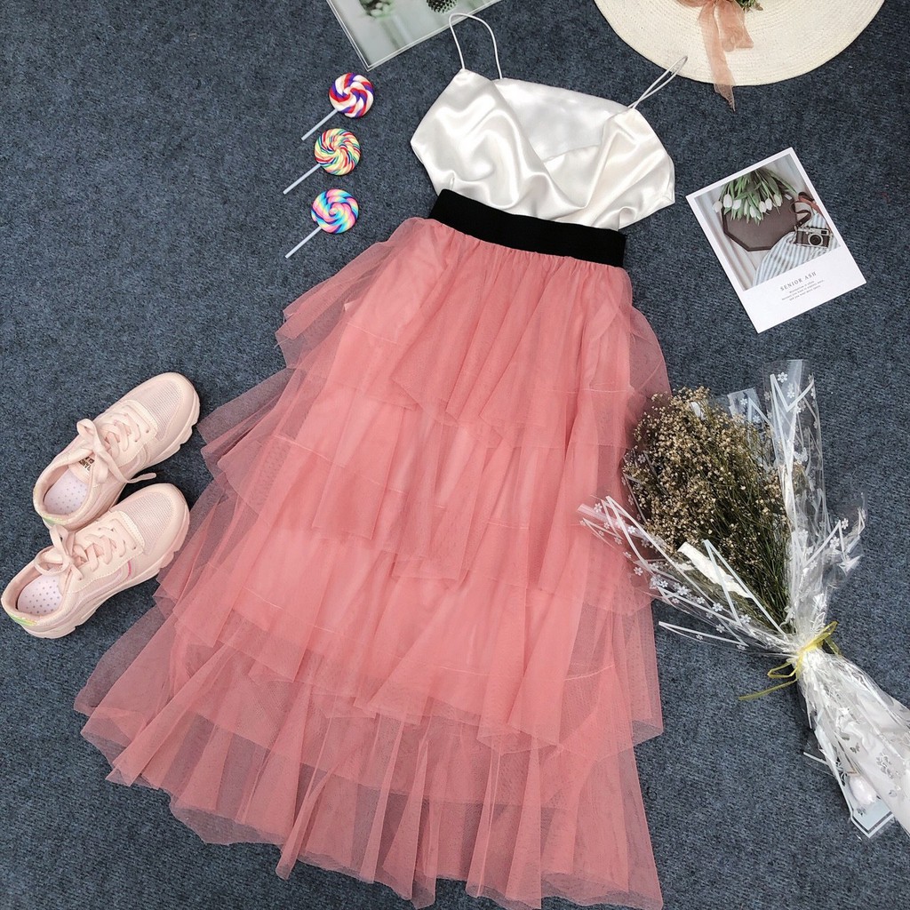 Set áo cổ đổ và váy tầng dài xinh U0407 hình chụp thật