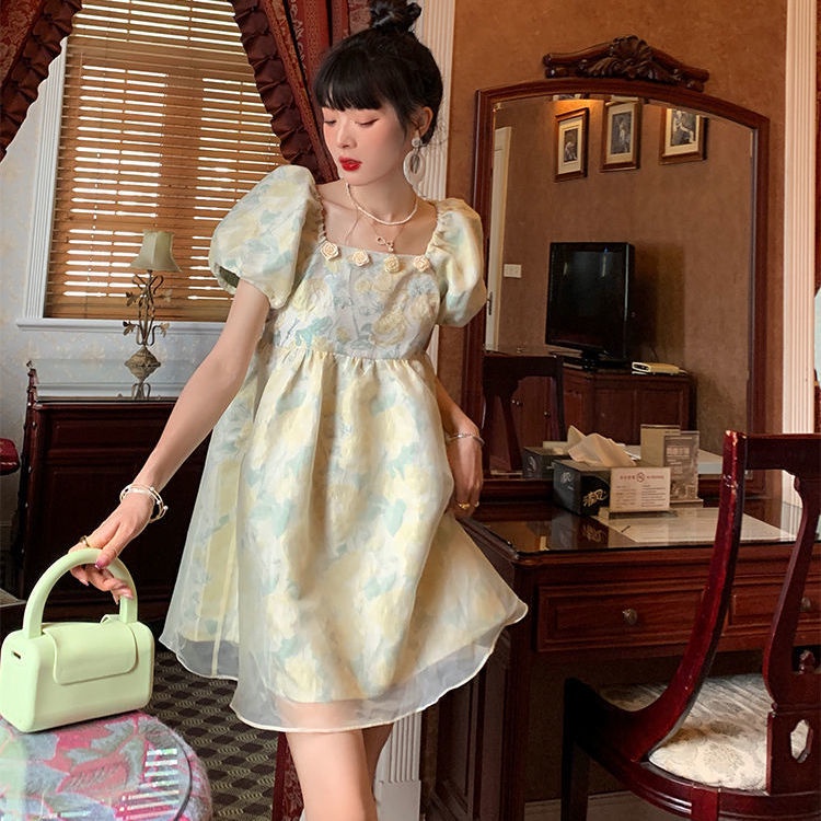 Đầm Công Chúa Tay Phồng Cổ Vuông In Họa Tiết Hoa Kiểu Pháp Xinh Xắn Cho Nữ