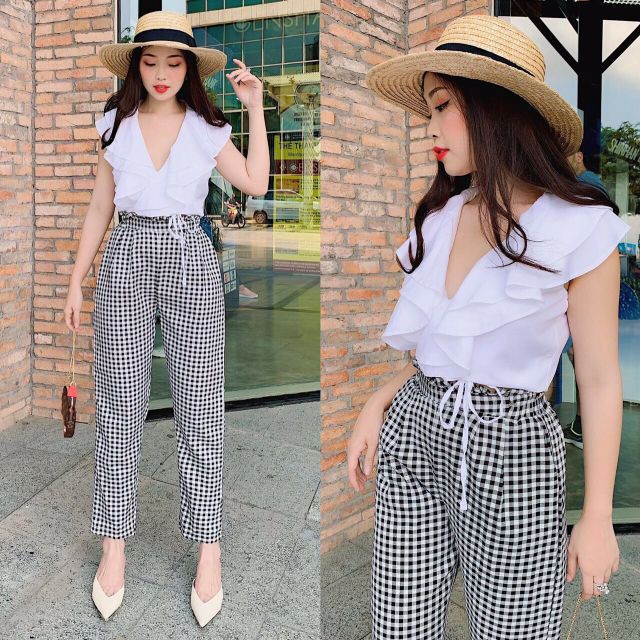 Set áo kiểu quần dài sọc | set bộ ulzzang | áo kiểu croptop quần dài ống rộng sọc