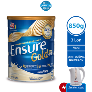 [Tặng Ấm đun nước Sunhouse] Bộ 03 Lon Sữa bột Ensure Gold Vani (HMB) 850g/lon