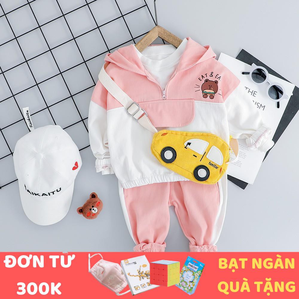 [HÀNG QUẢNG CHÂU CAO CẤP] Bộ quần áo kaki bé gái màu hồng trắng in hình gấu nâu Smartkids TE2037