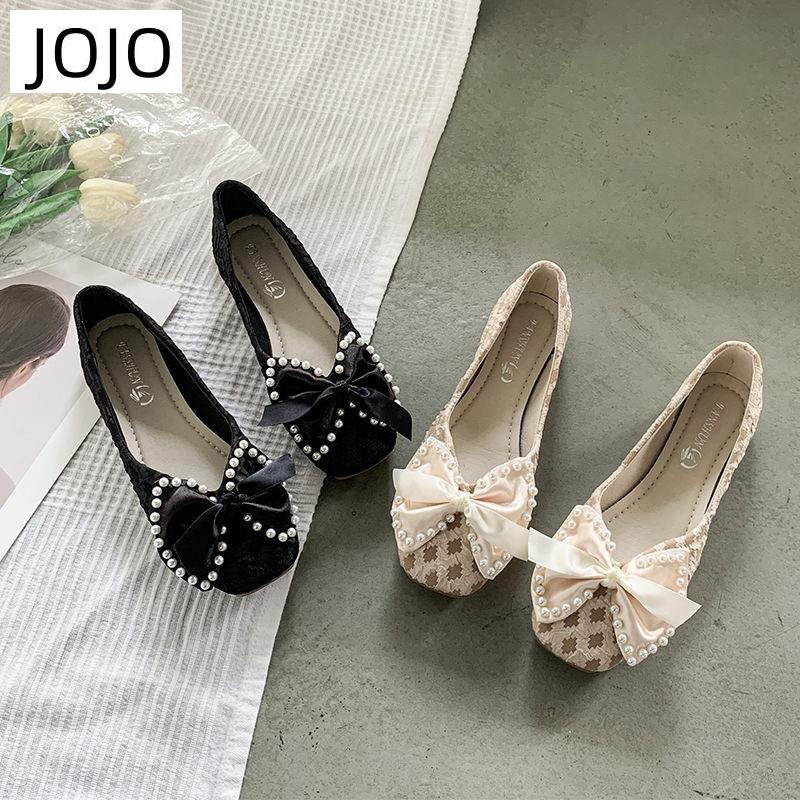 Giày Búp Bê Mũi Vuông Đính Nơ Và Ngọc Trai Phong Cách Hàn Quốc Cho Nữ