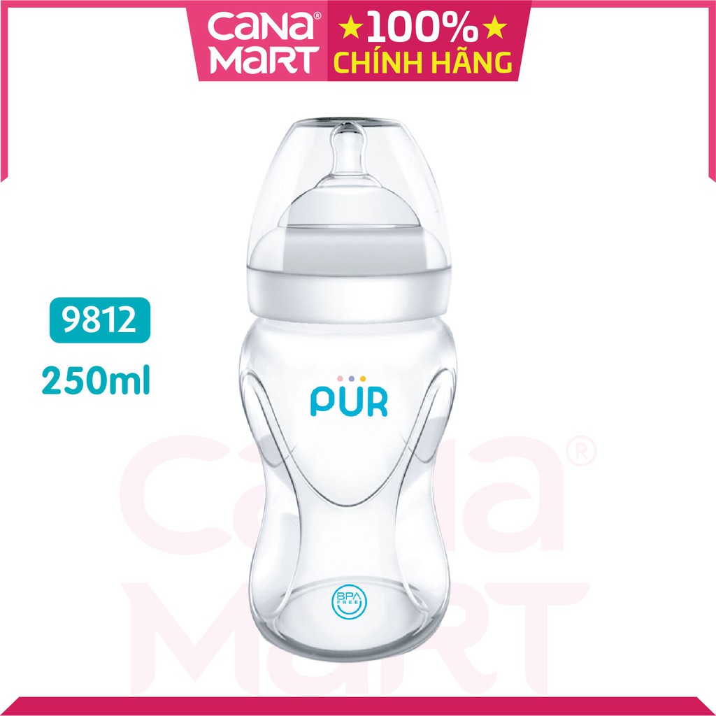 Bình sữa cho bé cổ rộng Pur Milk Safe 250ml (9812), không chứa BPA, có eo giúp bé dễ cầm và ôm bình tự bú sữa