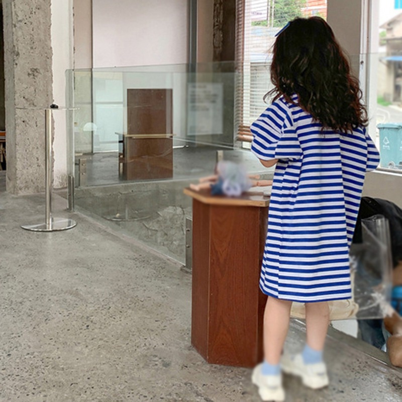 Đầm Thun Tay Ngắn Cổ Tròn Họa Tiết Kẻ Sọc Thời Trang Hàn Quốc Cho Bé Gái