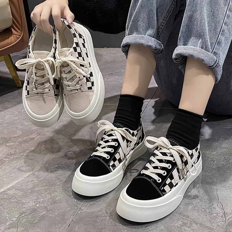 Giày Thể Thao Nữ Cá Tính sọc caro 2 Vạch Độn Đế Combo quà tặng