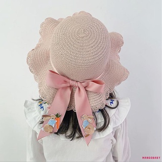 MG-Girl´s Straw Hats, Ribbon Bowknot Decorated Wide Brim Sun Protective Hat Beach Hats for Little Girls