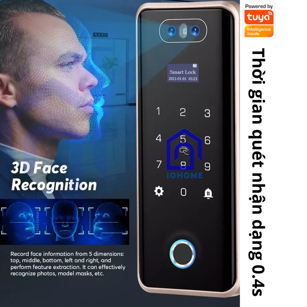 Khoá vân tay giành cho cửa kính cao cấp nhận dạng khuôn mặt 3D face - APP TUYA/ Smartlife mở cửa từ xa (Kết nối wifi)