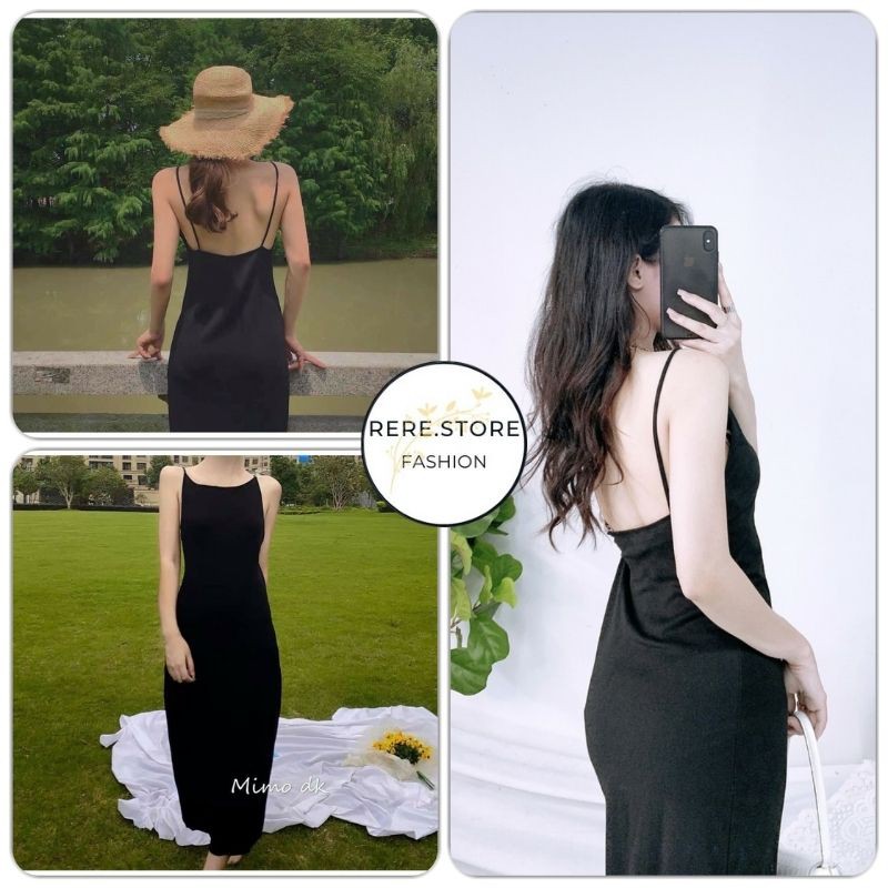 Váy Body Hai Dây Khoét Lưng - Rere.Store [FREESHIP] - Đầm midi dáng ôm tôn dáng màu đen basic Ulzzang