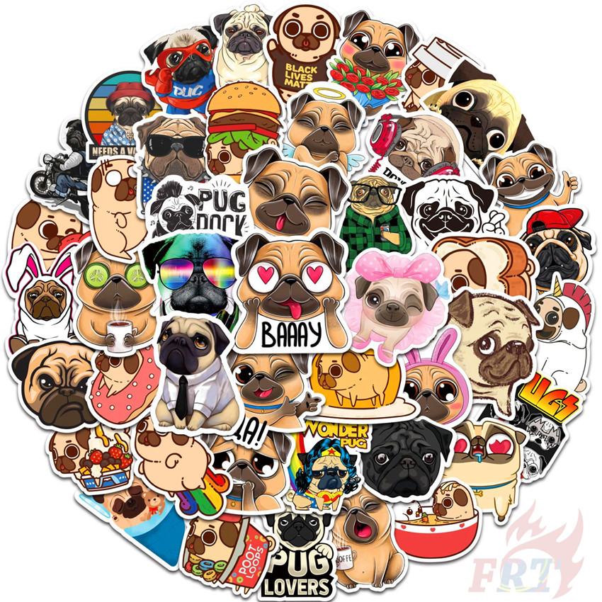 Bộ 50 Miếng Dán Hình Chó Pug Đáng Yêu Kèm 04 Sticker Chống Thấm Nước