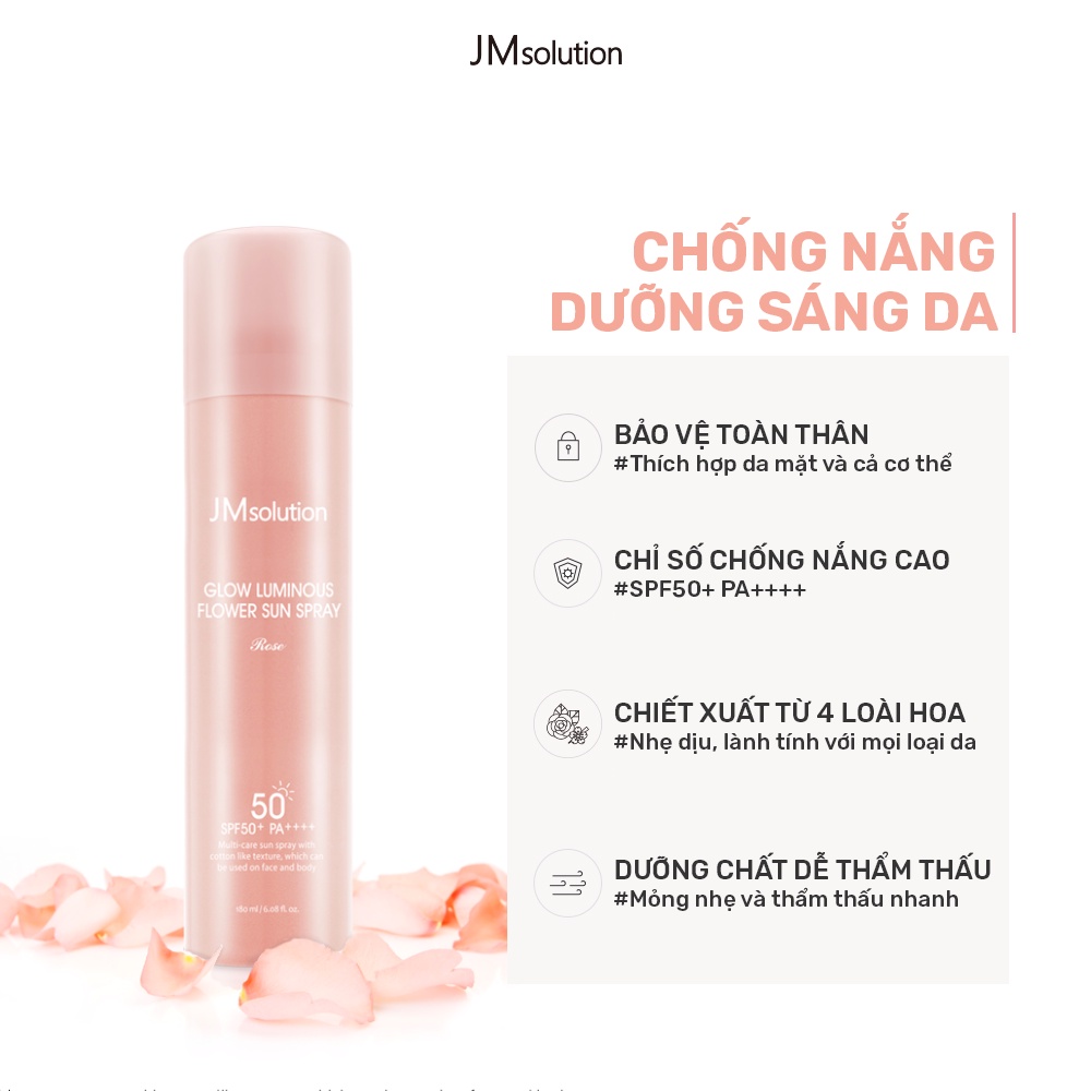 Xịt Chống Nắng JMSOLUTION Ngọc Trai Hoa Hồng SPF50+ PA++++ JM Solution Glow Luminous Flower Sun Spray Nâng Tone Cấp Ẩm