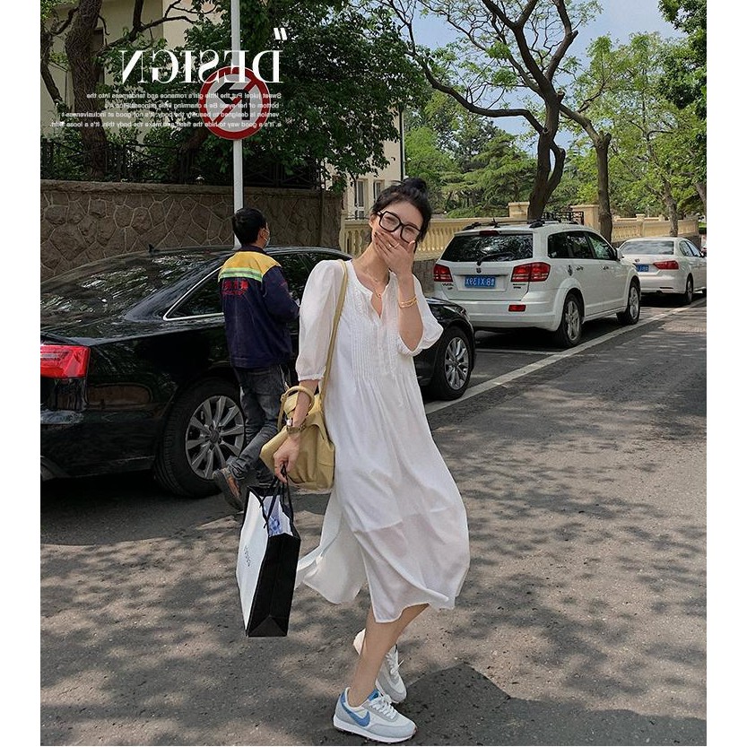Váy nữ đẹp💦FREESHIP💦Váy nữ dáng suông cổ tàu tay bồng siêu xinh