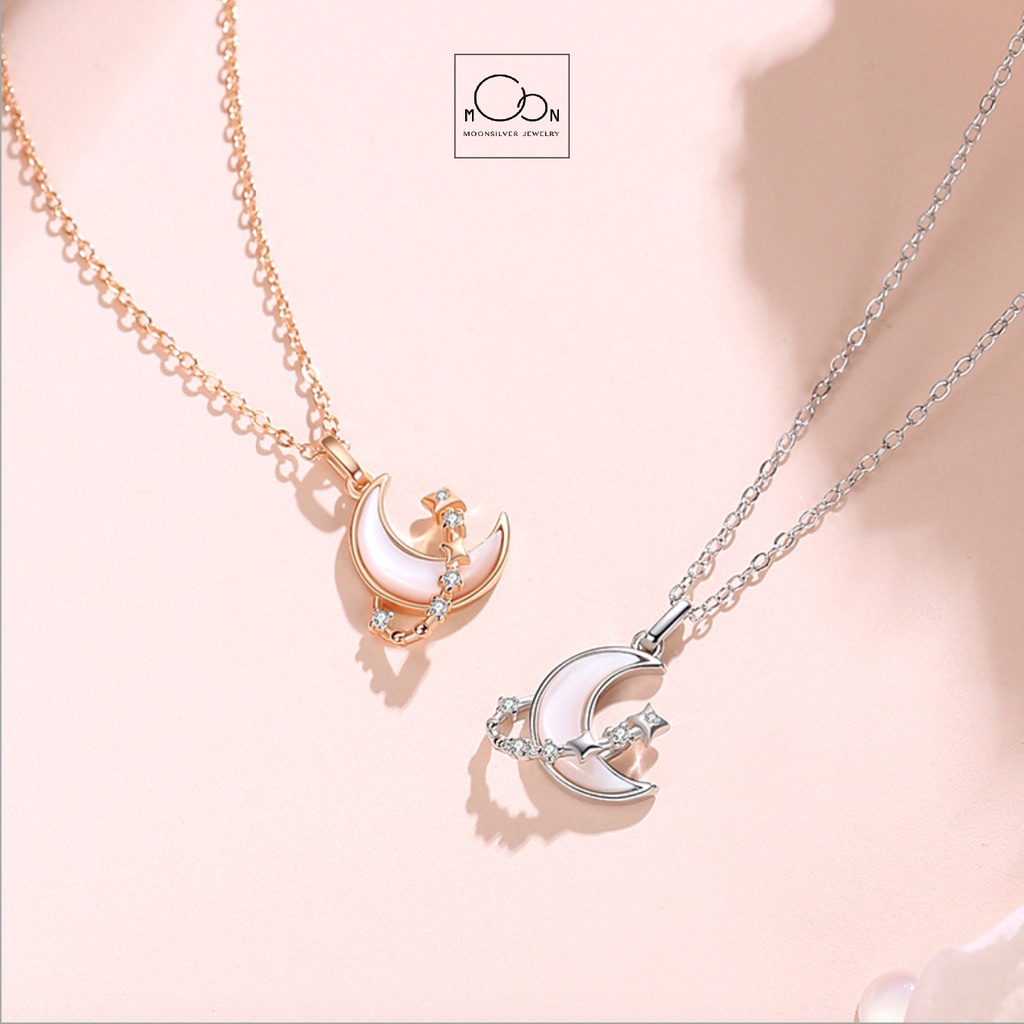 Dây chuyền bạc/vòng cổ bạc trăng khuyết đá hồng độc lạ Moonsilver