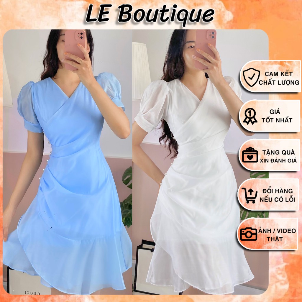 Đầm Cổ V Tiểu thư chữ A xòe nhẹ, Đuôi cá, trắng, xanh, kết Trai, Tơ, đi làm, đi chơi, đi tiệc