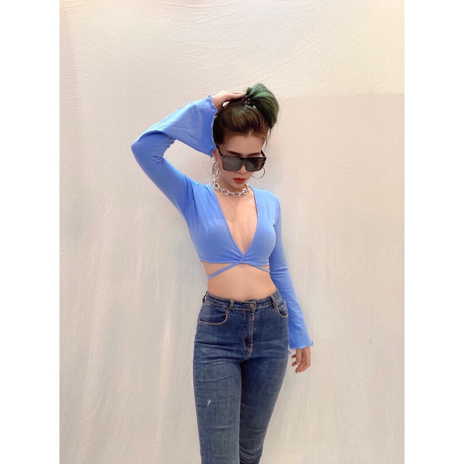 Áo Croptop Tay Dài Xẻ Ngực Cột Chéo Eo - 3459