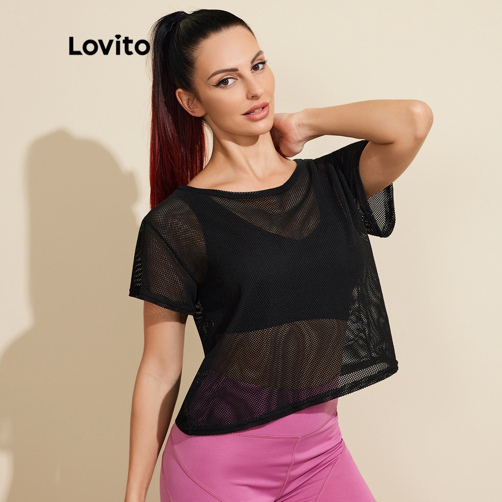 Áo thun Lovito xuyên thấu màu trơn cơ bản thoáng khí phong cách thể thao L18X528 (Màu đen)