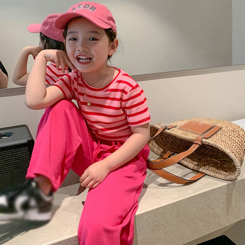 Set Áo Thun Tay Ngắn Kẻ Sọc Phối Quần Ống Rộng Thời Trang Hè Xinh Xắn Cho Bé Gái