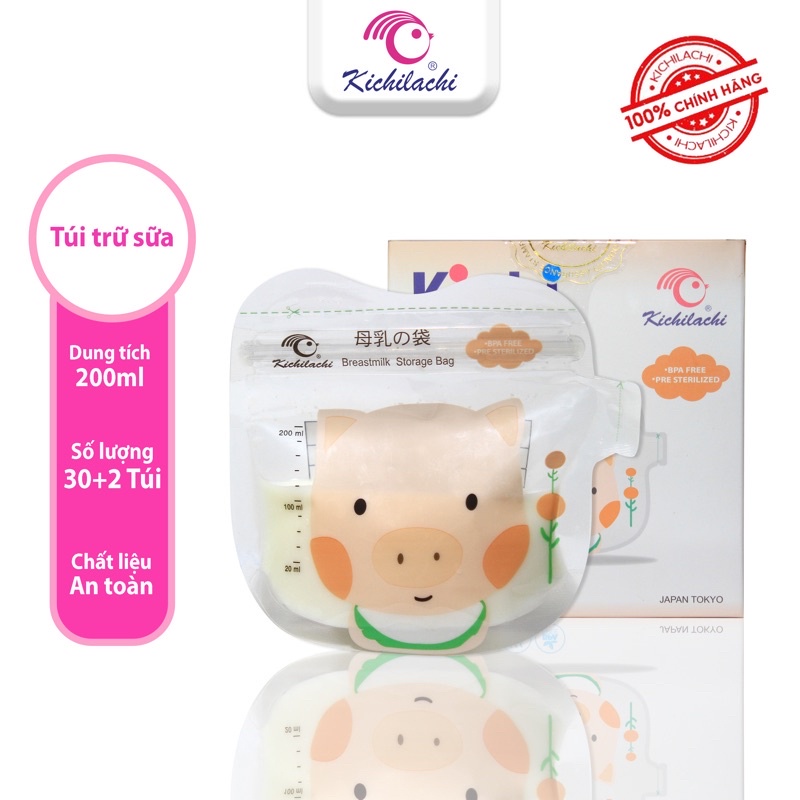 Túi Trữ Sữa Kichilachi 200ml- Cảm Biến Nhiệt Độ, Có Khóa Zip Chắc Chắn Chống Rò Rỉ-Shop Mẹ Khoai