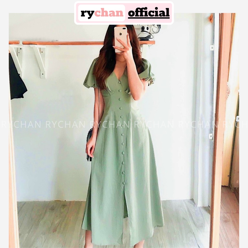 Đầm Xòe Midi Tay Phồng Cổ V Nút Bọc 2 Màu - DX0094