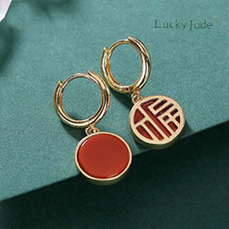 Bông Tai Mạ Vàng 18K Đính Ngọc Lục Bảo Màu Đỏ Phong Cách Cổ Điển Thời Trang Cho Nữ