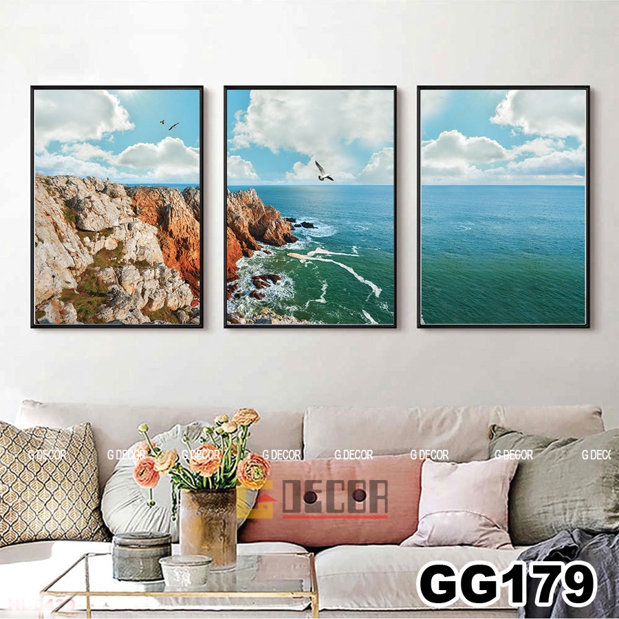 Tranh treo tường canvas khung gỗ 3 bức phong cách hiện đại Bắc Âu tranh con cò trang trí phòng khách phòng ngủ spa 83