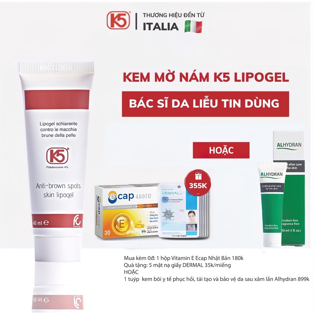 Kem Xóa Nám Mảng, Nám Chân Sâu, Nám Sau Sinh K5 LIPOGEL 40ml - Bác Sĩ Da Liễu Tin Dùng Mờ Nám Chỉ Sau 4-6 Tuần