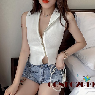 Áo croptop sát nách cổ tròn có khóa kéo màu đỏ/đen/trắng/hồng cho nữ