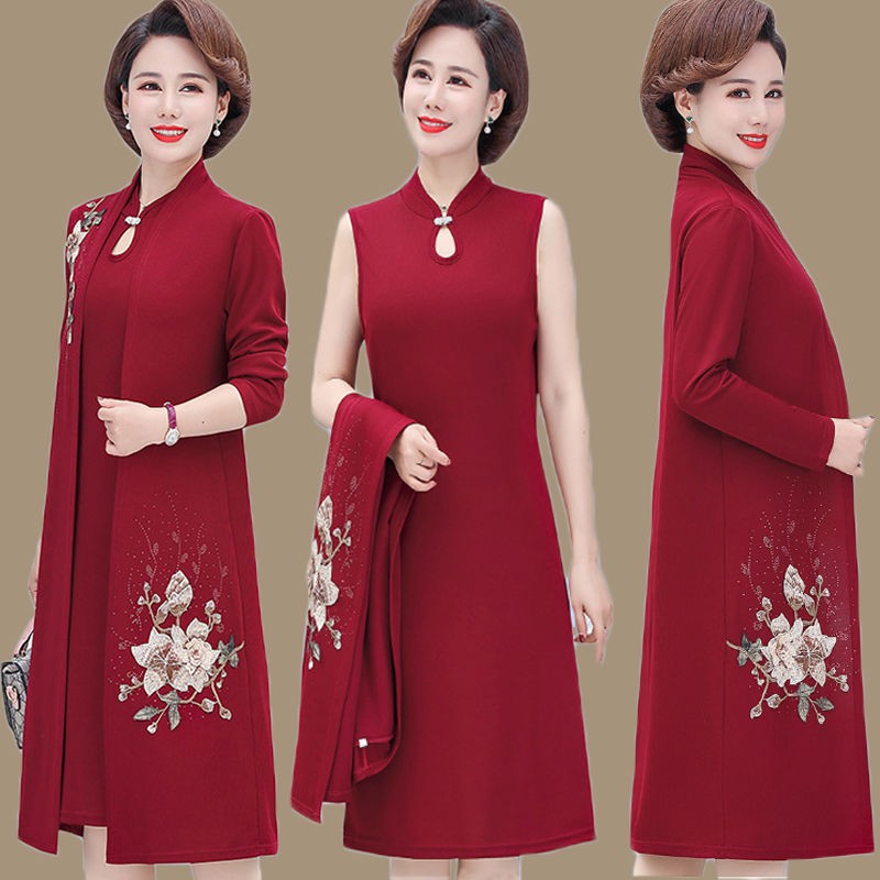 ✣♠❀Mẫu váy mùa xuân và thu mới của bà mẹ trung niên 2020 sườn xám quý phái phụ nữ cao tuổi Bộ đồ hai mảnh phong