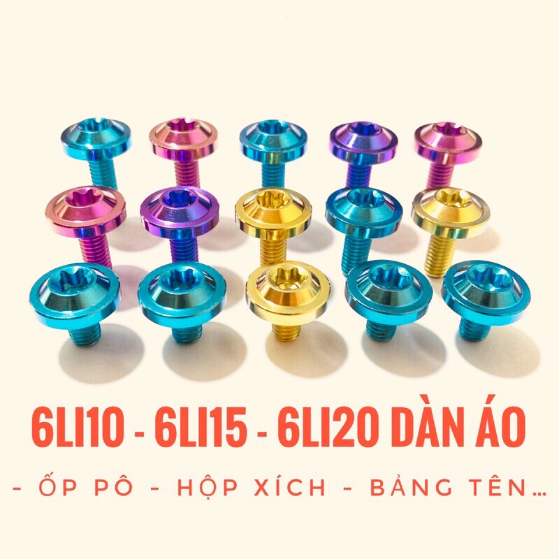 (Chuẩn Gr5) Ốc titan 6li10 6li15 6li20 đầu dù to dày gắn dàn áo ốp pô hộp xích bảng tên