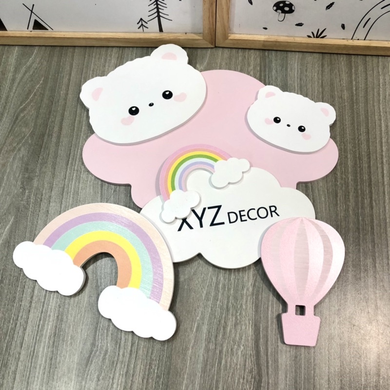 Sticker gỗ hình gấu trắng kute trang trí phòng bé & cầu vồng